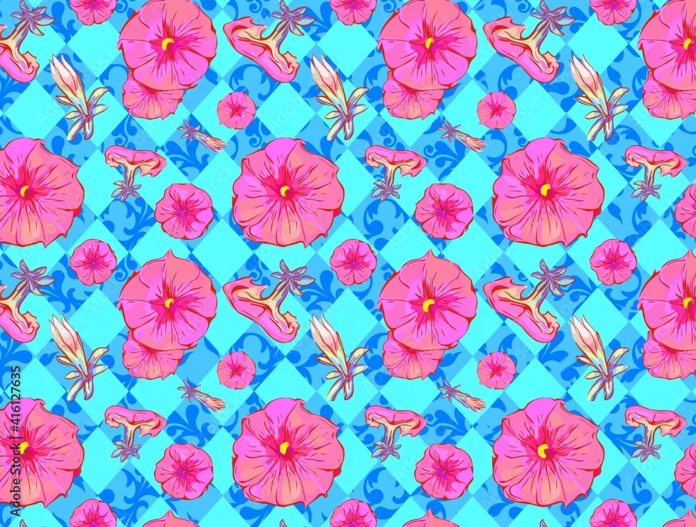 Bright colorful seamless textile pattern with petunia flowers on geometric background.