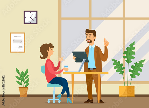 Office workers characters discussing matters. Surprised woman and a man boss talking, communicating, famale sitting at office desk with laptop. Business meeting and consideration of working moments