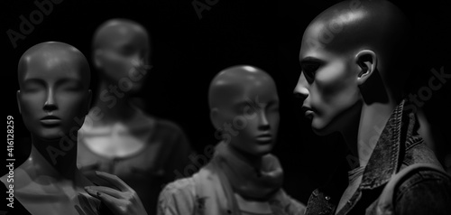 Group mannequin or dummy imitating people. Human head. Group of technology robots photo
