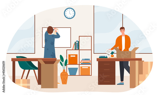 Male and female characters are relocating to new office. Employee folds work equipment, stationery and documents. Concept of office moving, changing address. Flat cartoon vector illustration