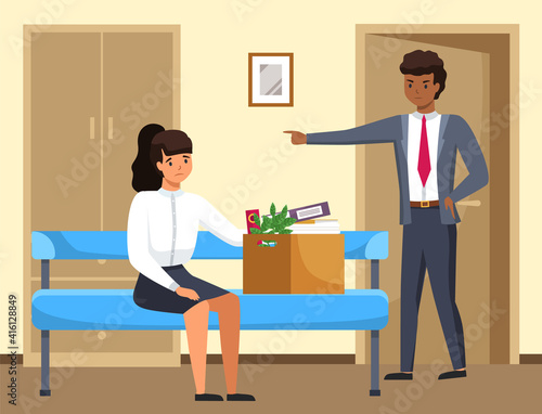 Layoff concept. Strict man boss dismissed employee. Unhappy girl leave the office with things in box. Unemployment dismissal of fellow workers. Crisis, jobless and employee job reduction concept