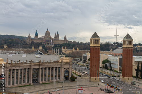 Plaza de España in Barcelona on a cloudy day