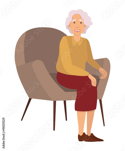 Elderly woman isolated on white background. Sitting female person with gray hair flat vector illustration. Serious gray-haired adult woman sits on a chair. Patient at the reception of psychotherapist