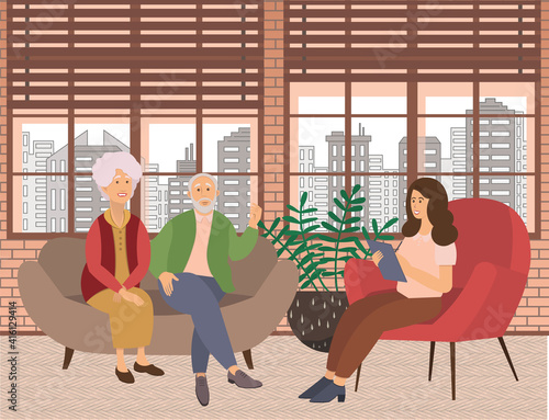 Psychiatrist consultation. Worried elderly pensioner couple man and woman on psychologist session. Difficult relationships. Family crisis treatment. Psychotherapy practice with a woman psychotherapist