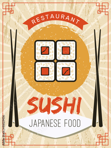 Sushi poster. Retro flyer or placard template stylized pictures of seafood salmon fishes rice with sauce chopstick recent vector pictures for ads. Illustration menu oriental restaurant, japanese roll
