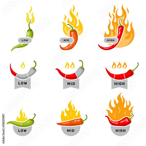 Red peppers. Labels for kitchen mid low and high level visualization stickers with hot red pepper spice food ingredients recent vector symbols. Illustration chili level pepper, icon hot spice