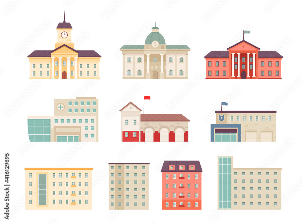 Municipal buildings. Government houses city library hospital bank supermarket campus urban buildings vector flat isolated on white. University building and municipal police hospital illustration