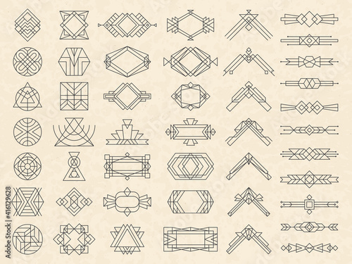 Art deco geometrical shapes. Modern design elements for emblems and logotypes triangles circles dividers and arrows recent vector templates. Geometric line logotype, logo template linear decorative