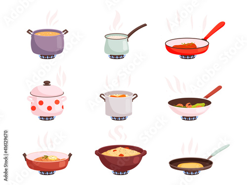 Cooking stove. Boiling processes kitchen utensils for well food on pan nowaday vector product preparing flat illustrations. Cooking in pan, boil and frying, dinner preparing