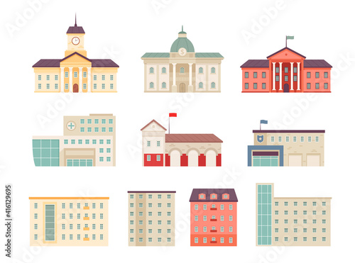 Municipal buildings. Government houses city library hospital bank supermarket campus urban buildings vector flat isolated on white. University building and municipal police hospital illustration
