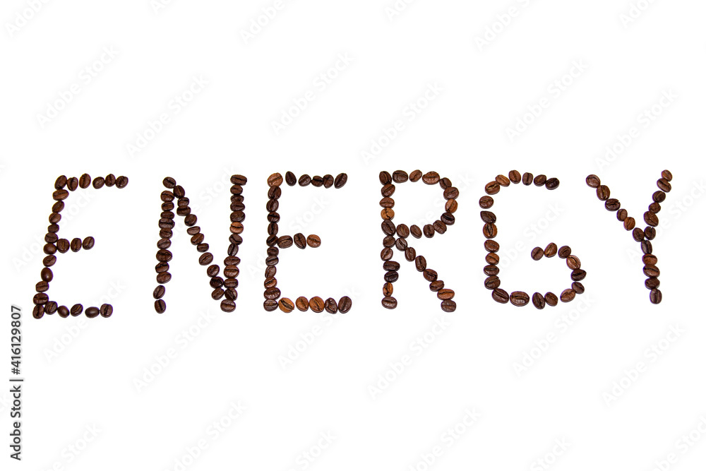 The inscription Energy coffee made from coffee beans on a white background. The inscription Energy coffee made from coffee beans on a white background.