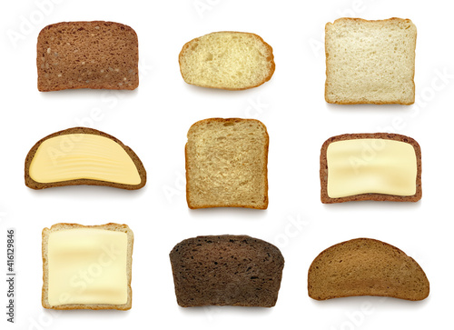 Bread sliced. Healthy natural baking food top view of bread pieces decent vector breakfast products realistic pictures. Bread toast lunch with butter, breakfast nutrition illustration