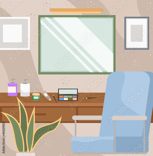 Dressing table with mirror and cosmetic products. Female boudoir for applying makeup vector illustration. Wooden table with cosmetics. Items for skin and hair care. Empty room interior design layout