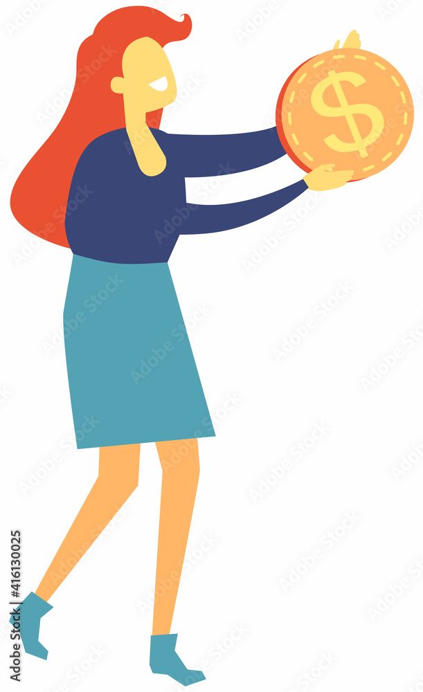 Successful businesswoman with dollar golden coin in hands. Happy girl with money isolated. Rich businesswoman or millionaire, careless wealthy character with currency, financial success, good luck Successful businesswoman with dollar golden coin in hands. Happy girl with money isolated. Rich businesswoman or millionaire, careless wealthy character with currency, financial success, good luck