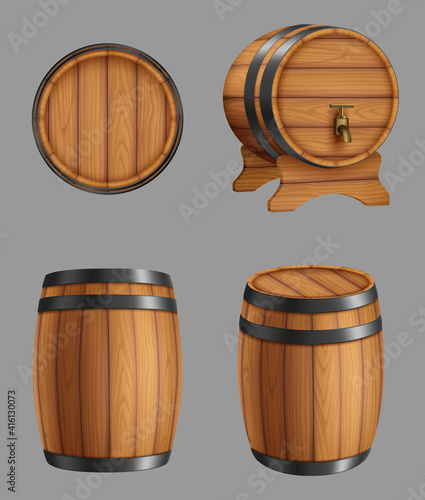 Wooden barrels. Containers for alcohol liquids beer or old wine cork barrels with steel circles decent vector realistic templates. Illustration wooden oak for whiskey and beer