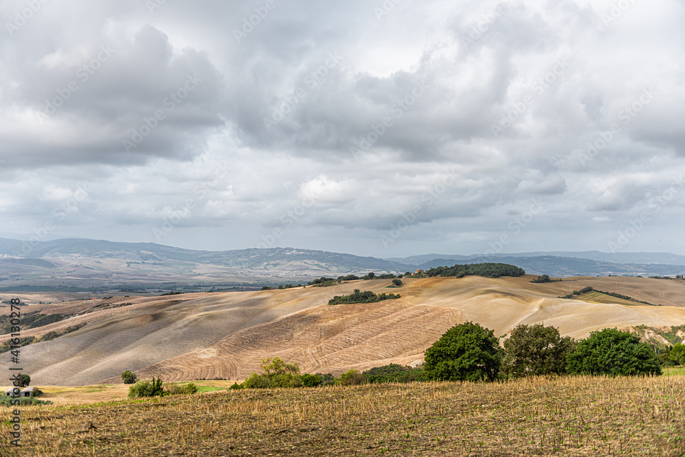 Fototapeta premium Val D'Orcia countryside hills in Tuscany, Italy with rolling plowed brown scenery and villas with farm landscape idyllic picturesque meadow fields