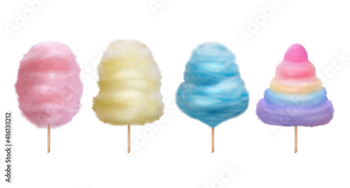 Cotton candy. Sugaring delicious food for kids sweet dessert products decent vector realistic cotton templates isolated. Sweet food and candy dessert, sugar confectionery illustration