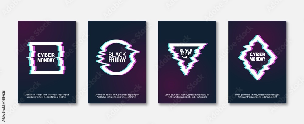 Glitch effects. Abstract trendy frame posters, glitched designs concept, dynamic damaged geometric shapes, black friday and cyber monday sale add. Vector cards template with copy space