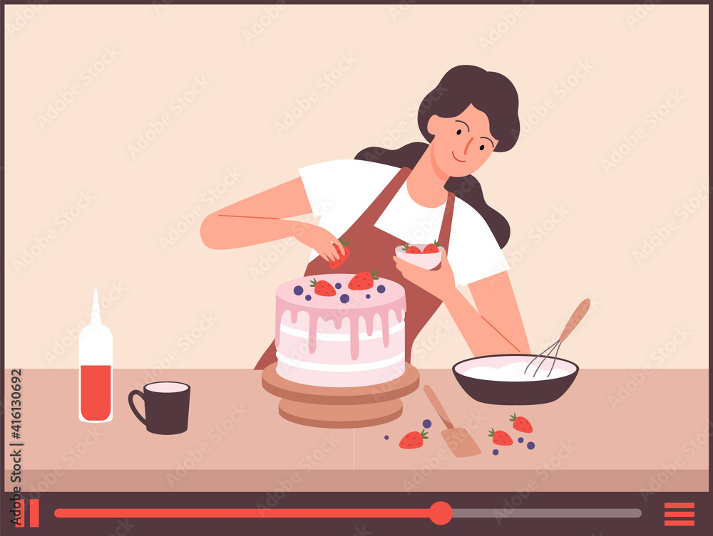 Homemade bakery. Food blogger, girl bake cake online. Culinary live stream, happy woman decoration dessert vector illustration. Food bakery, homemade blogger cake, cooking dessert Homemade bakery. Food blogger, girl bake cake online. Culinary live stream, happy woman decoration dessert vector illustration. Food bakery, homemade blogger cake, cooking dessert