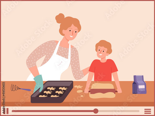 Food bloggers. Mother and son cooking, vlog about bake process. Family culinary, video tutorials vector illustration. Woman cooking at kitchen, parent and child