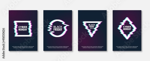 Glitch effects. Abstract trendy frame posters, glitched designs concept, dynamic damaged geometric shapes, black friday and cyber monday sale add. Vector cards template with copy space