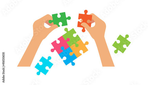 Hands hold puzzle. HR or collaboration concept, home simple game. Family evening, people collect parts in whole vector concept. Illustration business puzzle, hand holding jigsaw
