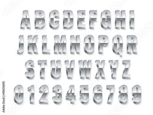 Metal 3d font. Realistic silver capital english letters and numbers, modern white steel alphabet collection, chrome typography, platinum abc symbols letters design, vector isolated set