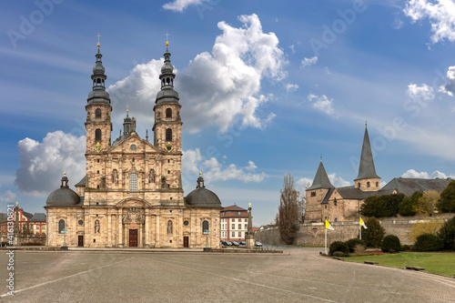 view from the cobbled stone square of the beautiful Gothic cathedral in the small German town of Fulda