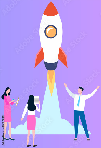 Happy people cheerfully escort space rocket upward, wave hand. Project start up and development process. Innovation product creative idea. Successful business management for new plan, forward control