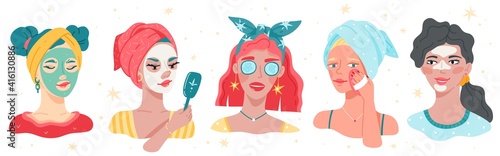 Face care women portraits. Female heads with towel around, korean trendy textile cosmetic masks and creams, beautiful ladies home skin caring routine. Vector cartoon isolated set