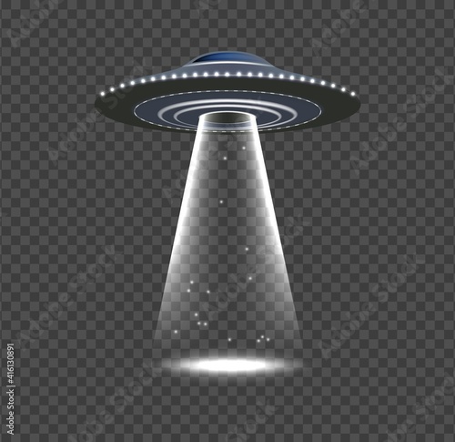 UFO invasion. Alien spaceship, realistic space object with rays. Flying ship, lights and glow vector elements. Illustration invasion ufo, spotlight sci-fi glow