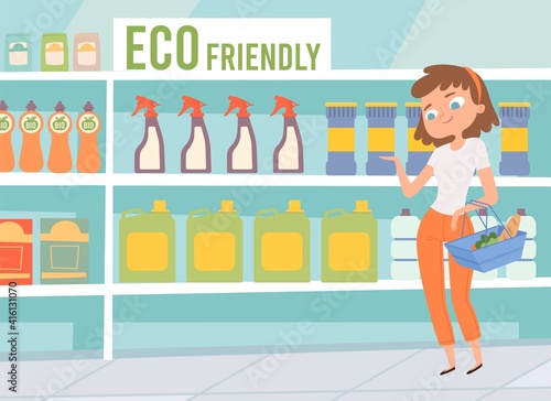 Eco friendly cleaners. Women choose cleaning products in supermarket. Non chemical organic goods on store shelves vector concept. Illustration cleaner home with eco friendly product