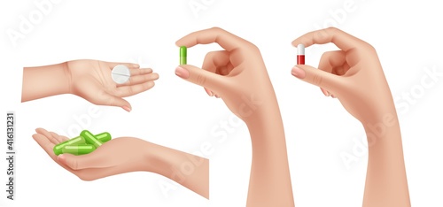 Painkillers in hands. Medications, hand holding pills or drugs capsules. Pharmacy vector elements. Illustration hands holding tablets