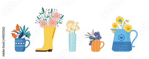 Spring floral bouquets. Summer flowers in rain boot, kettle cups. Beautiful rural style gift vector illustration. Flower in cup, colored plant bouquet