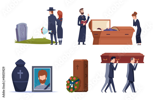 Death service. Grave ceremony tomb cemetery people sad persons psychology problems loss burial exact vector collection set in flat style. Illustration burial ceremony, mourning death, ritual funeral