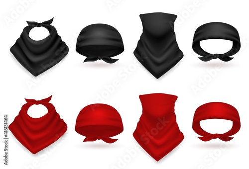 Realistic bandana set. Colored black and red handkerchiefs, scarf and neck accessory, stylish fabric head and hair accessories, costume element, fashion template vector isolated 3d mockup