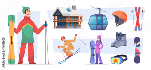 Ski resort. Christmas winter village snow activities in alps holiday landscape trails in mountain exact vector flat pictures of ski resort symbols. Extreme snowboard and ski resort illustration