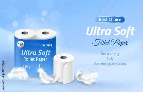 Toilet paper roll. Realistic white disposable soft towel and feather. Cellophane packaging with copy space. Napkin for intimate hygiene. Advertising banner template vector toiletry