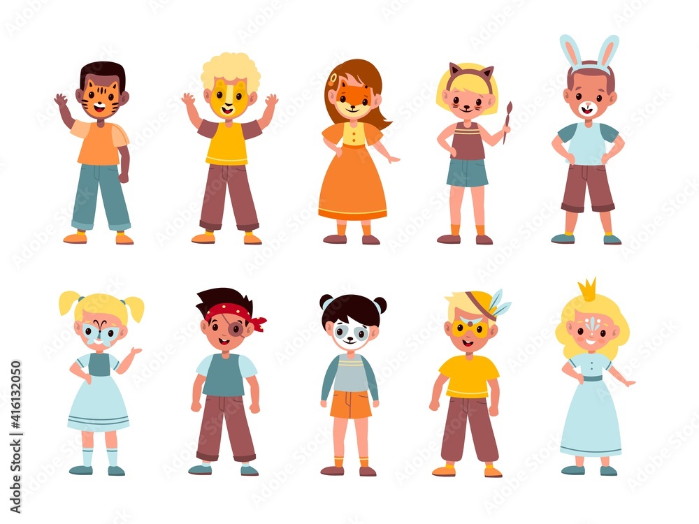 Kids funny makeup. Boys and girls face painting, children artistic party, masquerade festival, birthday celebration, animals and fairy tales creature facial masks cartoon vector set Kids funny makeup. Boys and girls face painting, children artistic party, masquerade festival, birthday celebration, animals and fairy tales creature facial masks cartoon vector set