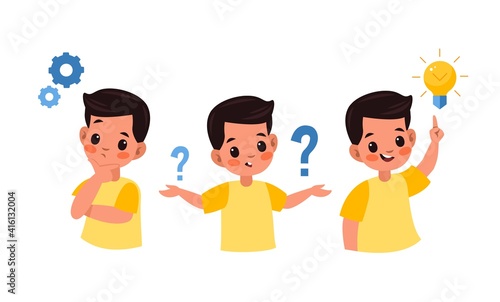 Kid searches idea process. Boy solves challenge, student child in thinking process, question mark, gears and ideas light bulb, imagination and new idea, vector flat cartoon isolated concept