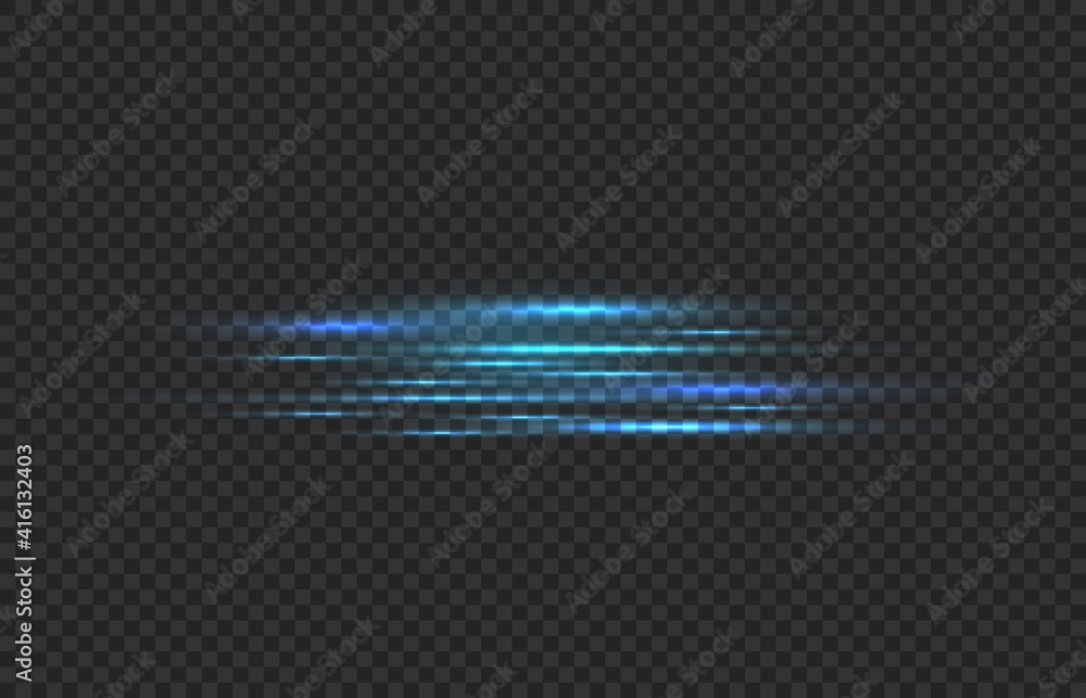 Car fast motion trail effect. Realistic horizontal blue neon linear glow, light speed lines, laser stream, quick movement power tails isolated vector illustration on transparent background