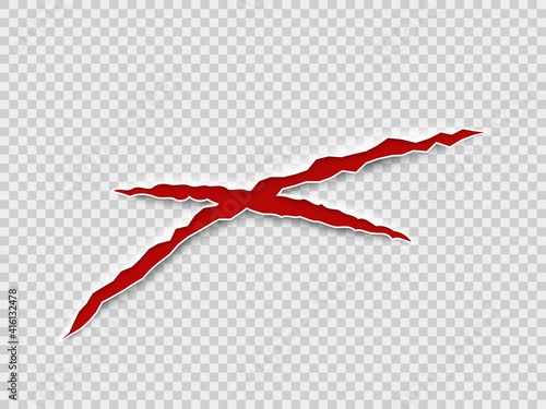 Claws scratches. Cat or tiger nails scratches cross shaped, halloween monster laceration, animal scratch with blood vector realistic isolated on transparent background illustration