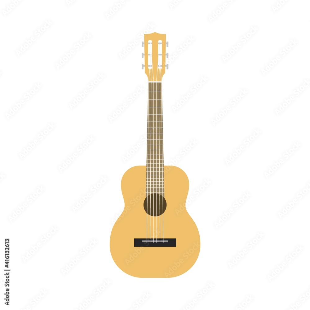 Obraz premium Flat guitar. Acoustic classic musical instrument front view, wooden beige silhouette classical shape, country and rock music equipment, single isolated on white background illustration