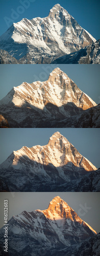 Phases of Sunset over Nanda Devi, a view from ski resort Auli near Joshimath, Uttarakhand, India.