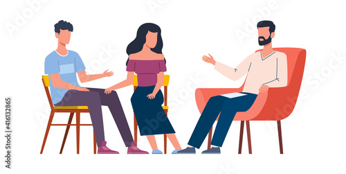 Men and women talking to psychotherapist. Group and family therapy, husband and wife talk to psychologist. Psychoanalysis and psychotherapy, mental problems counseling vector illustration
