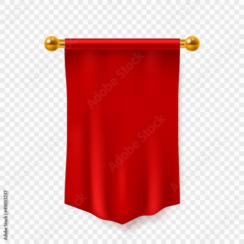 Red pennant. 3d realistic empty textile hanging on wall advertising flag, exhibition clear fabric mockup, template for logo and branding, vector on transparent background illustration