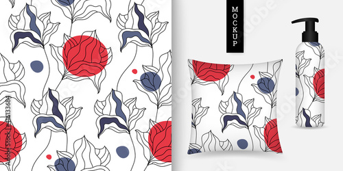 Floral seamless pattern. Beautiful flower background. Vector illustration. Modern ornament with blooming flowers and spots. Repeating texture. Design paper, wallpaper, fabric. Mockup.