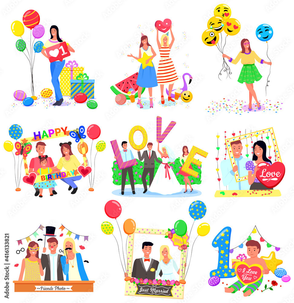 Set of photozones, accessorize, frames and decorations for different events like wedding or birthday party. Smiling people posing for photoes with balloons vector. Birthday, wedding or festival photo Set of photozones, accessorize, frames and decorations for different events like wedding or birthday party. Smiling people posing for photoes with balloons vector. Birthday, wedding or festival photo