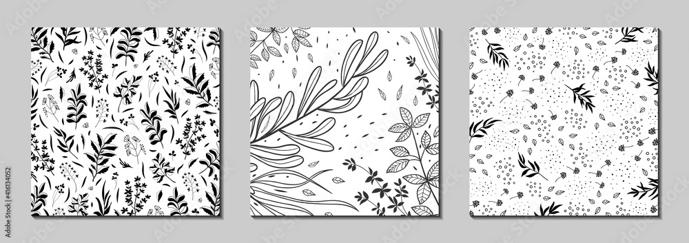 Botanical art. Floral vector backgrounds with leaves, plants. Abstract natural elements. Plant print for holiday posters, greeting cards, covers, banners, invitations. Minimalistic, trendy design.