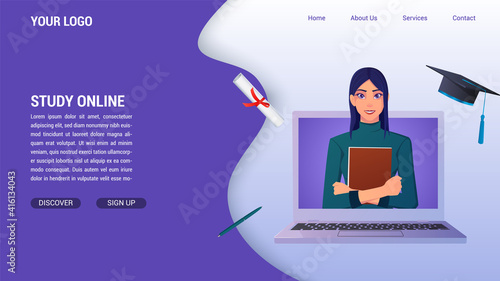 Online Education and Studying From Computer Concept for landing page, With Diploma And Graduation Hat and Woman Holding Book Vector Illustration.